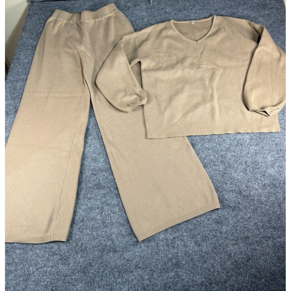Women’s Beige Knit Lounge Set – Sweater & Wide‑Leg Pants – Size Large – Soft